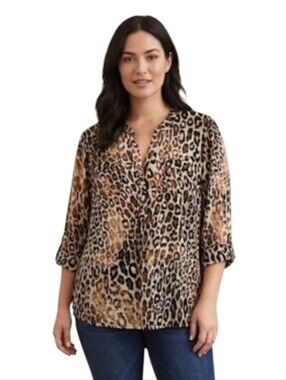 Ava & Grace Leopard Print V-Neck Blouse - Tan & Black Sz XL